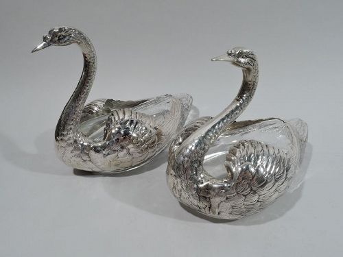 Pair of Antique American Edwardian Sterling Silver and Glass Swans