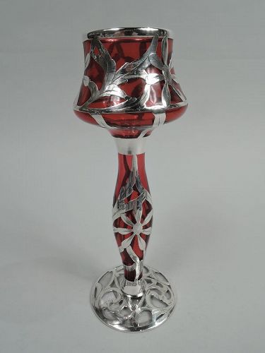Antique American Red Silver Overlay Tulip Vase