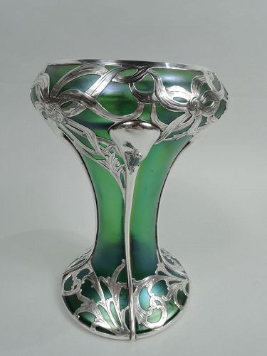 Art Nouveau Iridescent Green Silver Overlay Vase by Loetz
