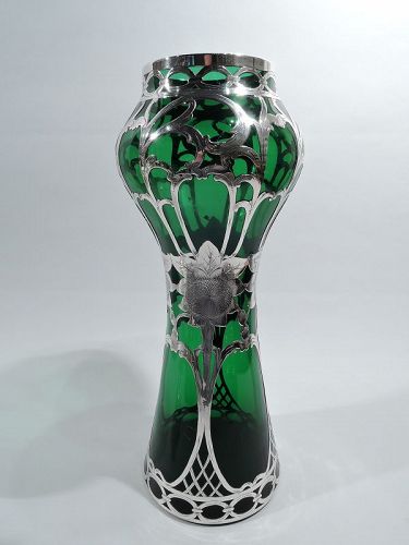 Antique Alvin Art Nouveau Green Silver Overlay Sunflower Vase