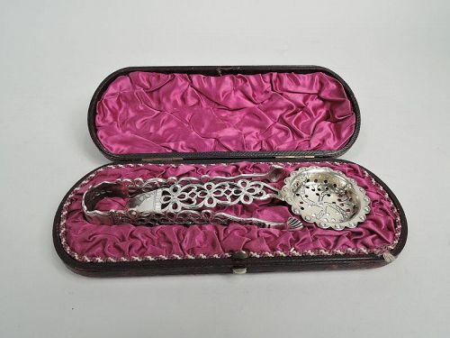 English Victorian Gothic Sterling Silver Tea Strainer & Sugar Tongs