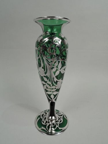 Elegant American Art Nouveau Green Silver Overlay Vase