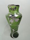 Loetz Art Nouveau Silver Overlay Vase in Rare Olive Green