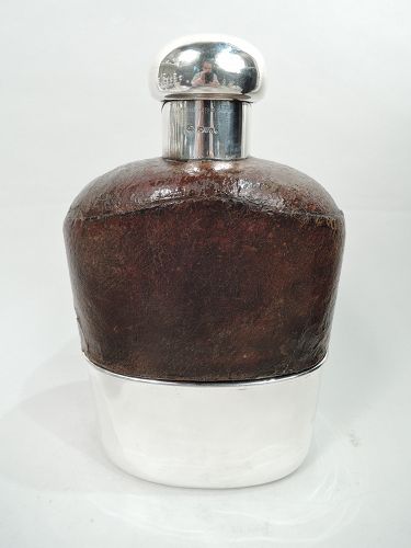 Antique English Sterling Silver & Leather Two-Hand Alpha Safari Flask