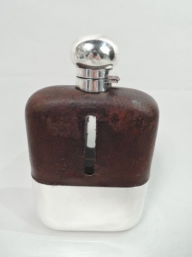 Antique English Sterling Silver & Leather Easy-Grip Safari Flask