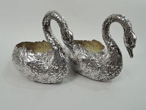 Pair of Antique German Silver Swan Bird Centerpiece Bowls