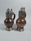 Pair of English Jacobean Revival Silver Gilt & Pottery Flagons