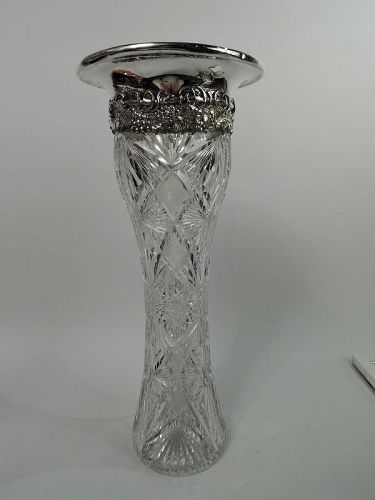 Antique American Brilliant-Cut Glass & Sterling Silver Vase