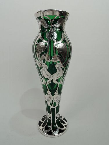 Antique American Art Nouveau Green Silver Overlay Vase