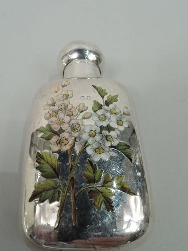 English Victorian Sterling Silver Perfume with Enameled Flowers 1887