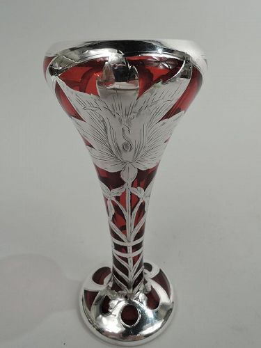 Details about   Antique Sterling Silver Overlay Cranberry Glass Open Salt w/Sterling Spoon 
