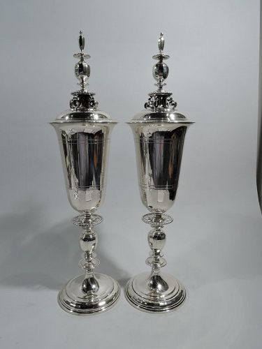 Pair of Tiffany Art Deco Classical Sterling Silver Covered Urns