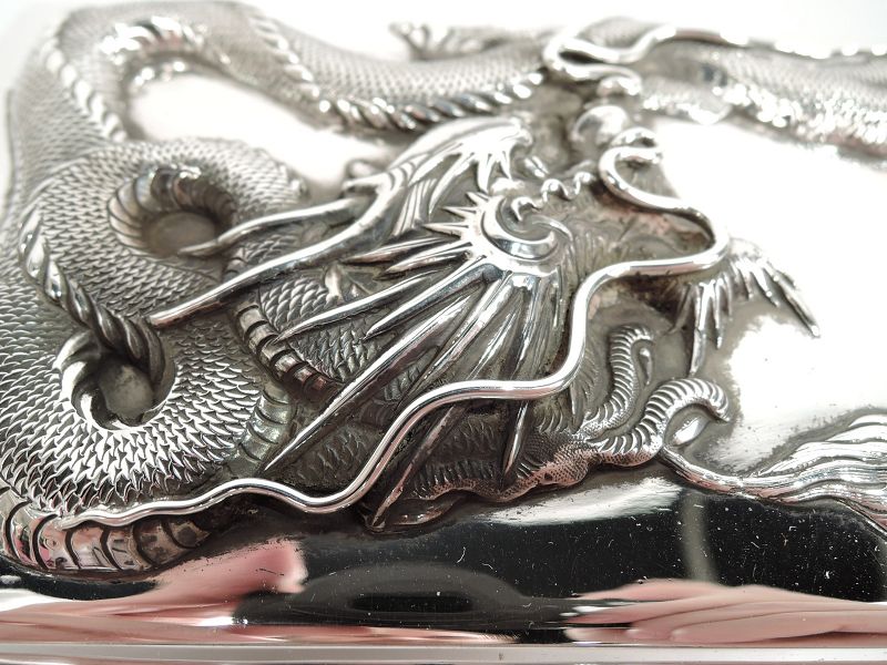 Antique Chinese Export Silver Dragon Box by Wang Hing