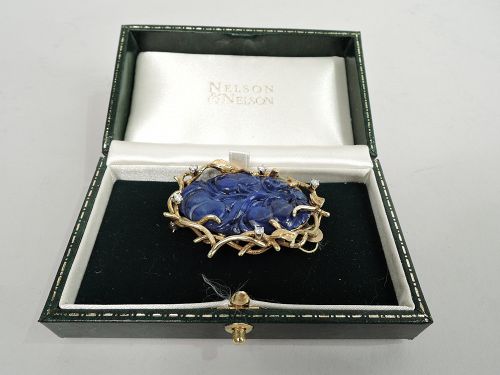 Beautiful American Midcentury Gold & Diamond Brooch with Carved Lapis