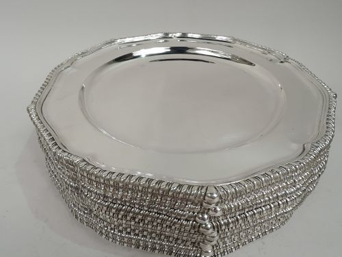 Set of 12 Old-Fashioned Georgian-Style Sterling Silver Dinner Plates
