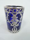 Antique Victorian Rococo Cobalt Blue Silver Overlay Beaker Bud Vase
