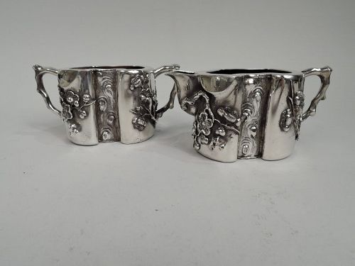 Pair of Antique Chinese Silver Blossoming Branch Creamer & Sugar