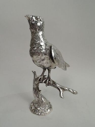 Large Antique German Silver Perched Bird Spice Box