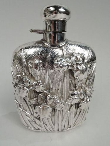 Antique Japanese Meiji Art Nouveau Silver Iris Flower Flask