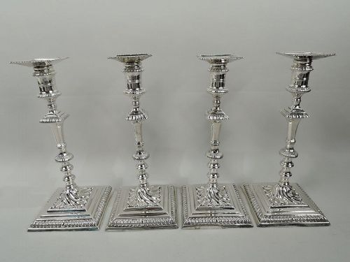 Two Pairs of English Midcentury Georgian Sterling Silver Candlesticks