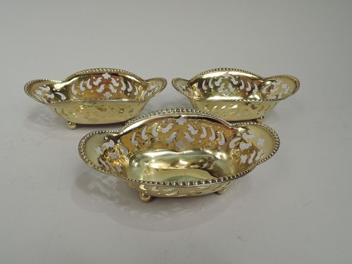 Set of 3 Tiffany Edwardian Classical Gilt Sterling Silver Nut Dishes
