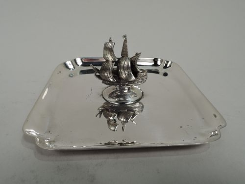 Antique American Sterling Silver Vide-Poche Dish with Galleon Ship