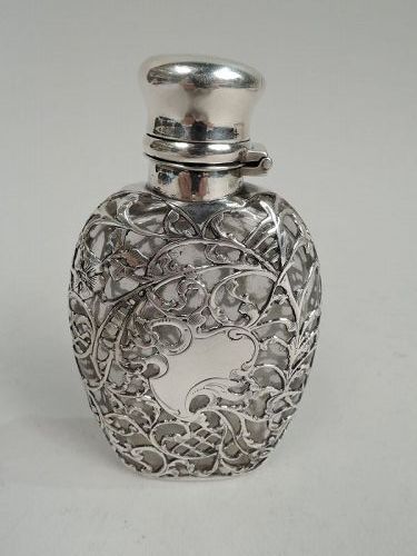 Antique American Art Nouveau Silver Overlay Lady’s Medicinal Flask