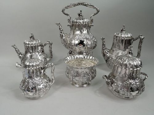Rare Early Tiffany Rococo Chinoiserie Coin Silver Coffee & Tea Set