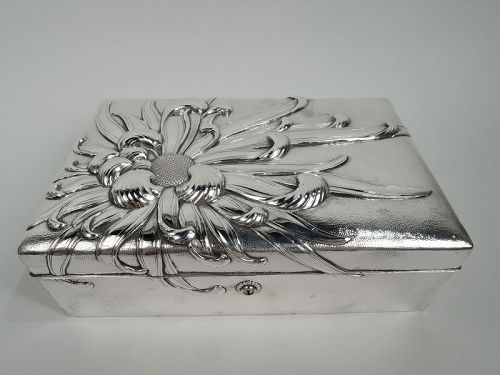 Large Meiji-Era Japanese Silver Box with Bold & Striking Chrysanthemum