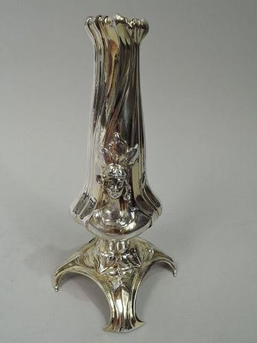 Pretty Antique Art Nouveau Sterling Silver Vase with Teutonic Nymph