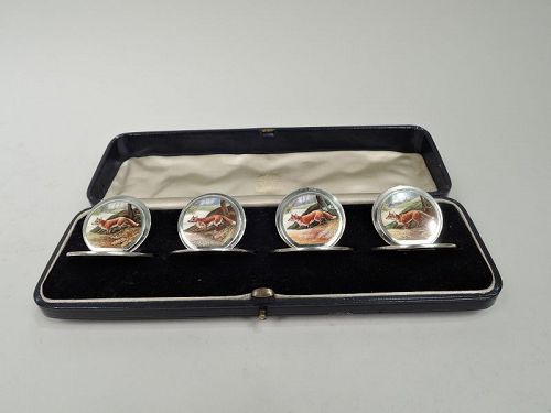 Set of 4 English Sterling Silver & Enamel Fox Place Card Menu Holders