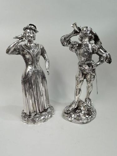 Pair of Large Antique German Silver Renaissance Hunting Figures