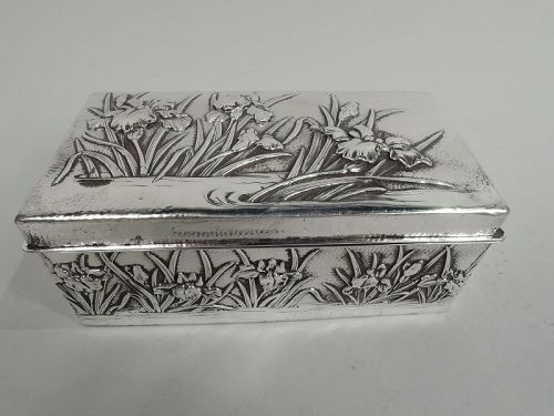 Antique Japanese Meiji-Era Silver Box with Iris Flowers