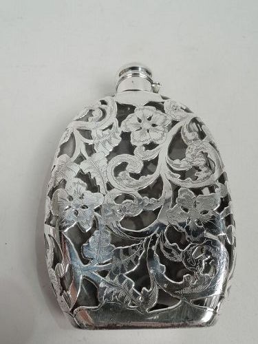 Antique American Art Nouveau Silver Overlay Lady's Flask
