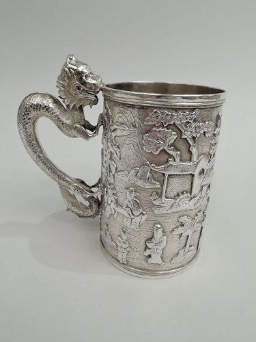 Antique Chinese Export Silver Mug with Dragon Handle
