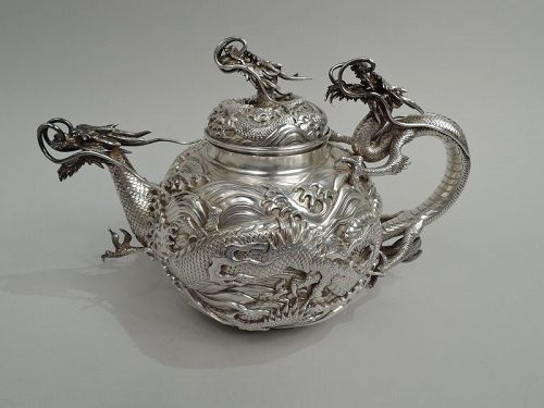 Fabulous Japanese Meiji-Era Silver Dragon Teapot by Konoike