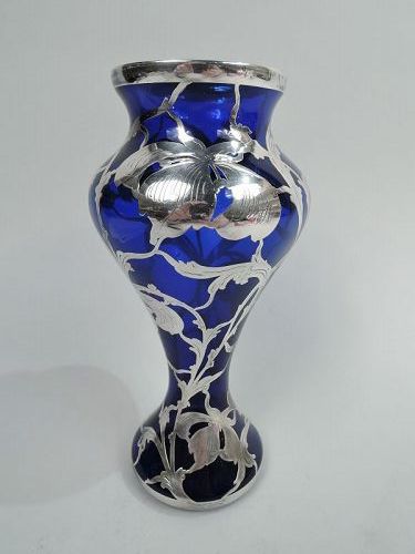 Antique La Pierre Art Nouveau Silver Overlay Vase in Rare Cobalt Blue