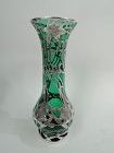 Tall Antique Art Nouveau Green Silver Overlay Vase by Alvin