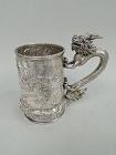 Large Antique Chinese Silver Pastoral Mug with Dragon Handle
