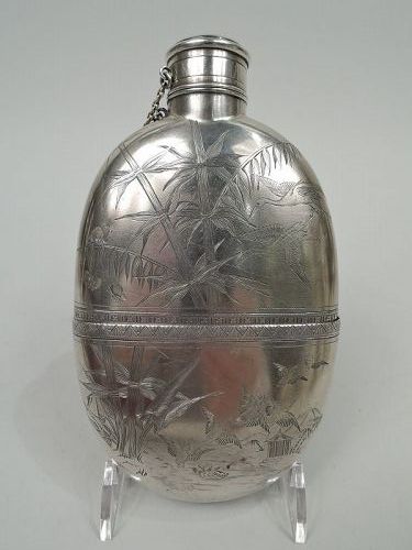 Gorgeous Gorham Japonesque Sterling Silver Flask with Cranes & Bamboo