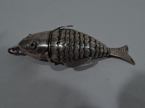 Antique Dutch Silver Articulated Fish Box with Slack-Jawed Mouth