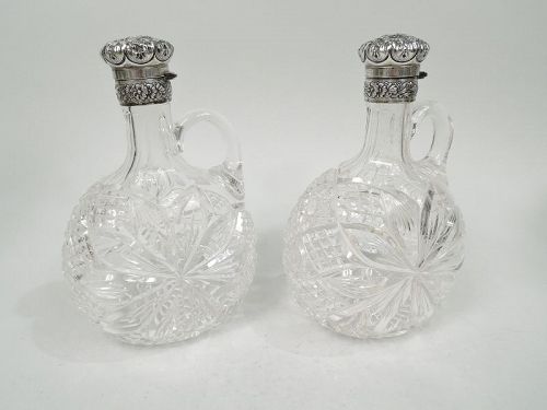 Pair of Antique Gorham Victorian Cut-Glass & Sterling Silver Decanters