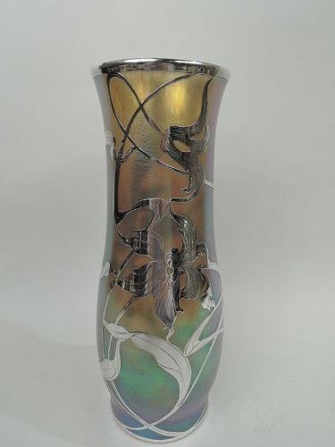Tall Loetz Silberiris Art Nouveau Iridescent Silver Overlay Vase