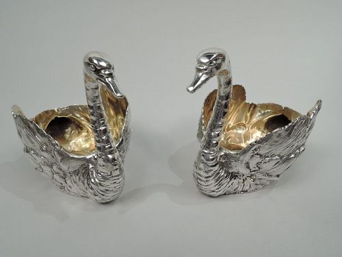 Pair of Antique European Silver Figural Swan Bird Bowls