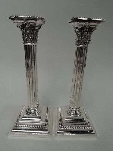 Pair of Gorham Edwardian Classical Sterling Silver Column Candlesticks