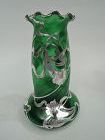 Loetz Art Nouveau Green Vase with Dramatic Silver Overlay
