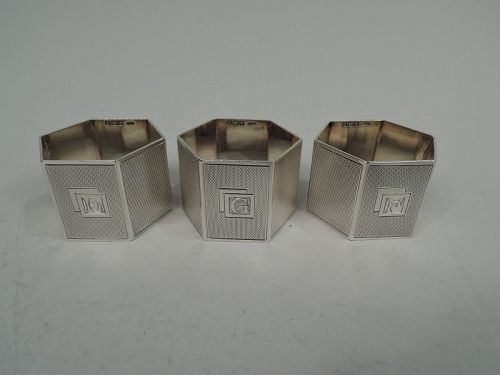 Set of 3 English Art Deco Sterling Silver Napkin Rings