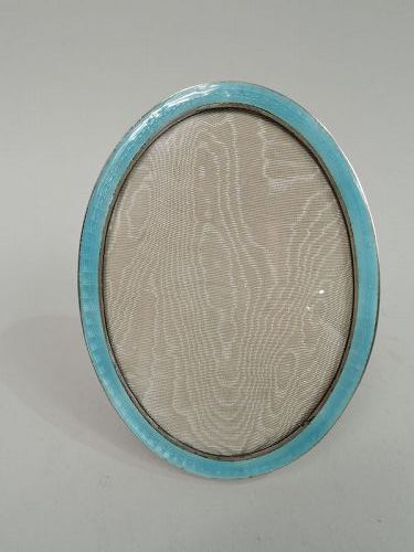 American Art Deco Sterling Silver & Blue Enamel Oval Picture Frame