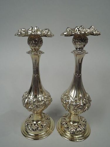 Pair of Tiffany Sumptuous Edwardian Gilt Sterling Silver Candlesticks
