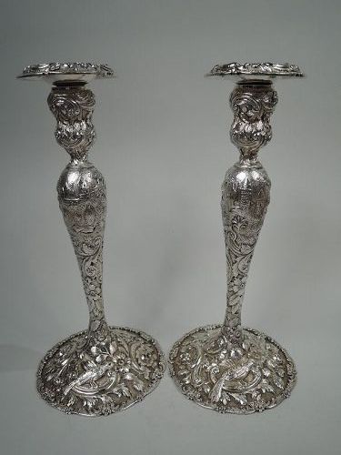 Pair of Loring Andrews Sterling Silver Architectural Candlesticks